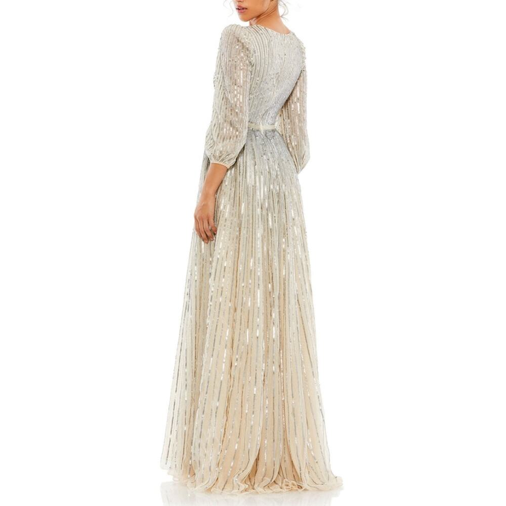 Sz 16 MAC DUGGAL Champagne and Silver 3/4 Sleeve Floor-length Sequin Gown - Picture 2 of 11